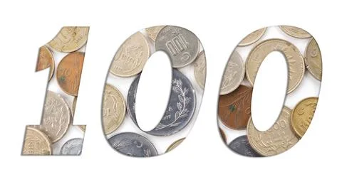 Number 100  with stack of old Turkish coins on white background Stock Photos