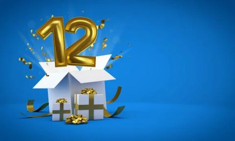 Number 12 exploding from a birthday present gift box. 3D Render Illustrazione stock