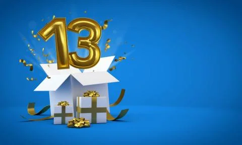 Number 13 exploding from a birthday present gift box. 3D Render Stockillustratie
