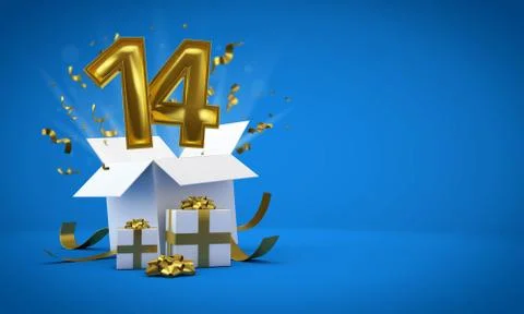 Number 14 exploding from a birthday present gift box. 3D Render Stock Illustration