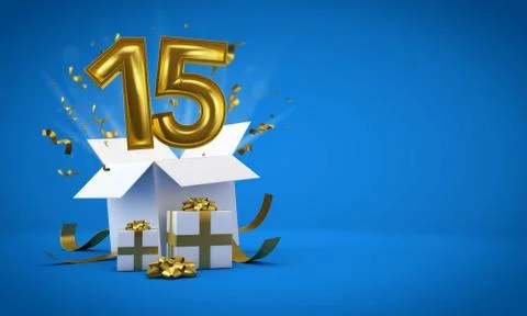Number 15 exploding from a birthday present gift box. 3D Render Illustrazione stock