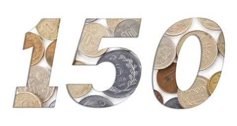 Number 150  with stack of old Turkish coins on white background Stock Photos