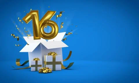 Number 16 exploding from a birthday present gift box. 3D Render Stock Illustration