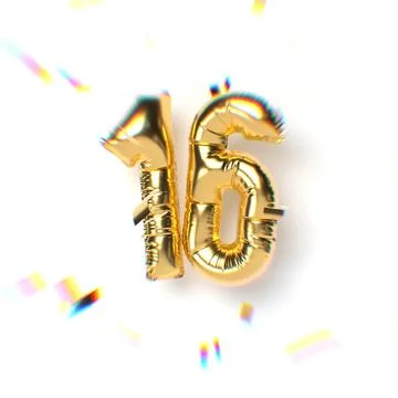 Number 16 Gold Balloon Text and Falling Soft Focus Confetti Stock Illustration
