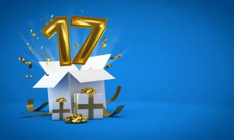 Number 17 exploding from a birthday present gift box. 3D Render Stock Illustration