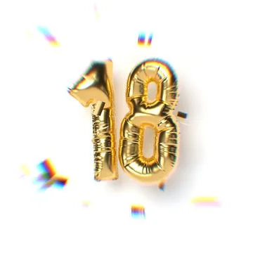 Number 18 Gold Balloon Text and Falling Soft Focus Confetti Stock Illustration