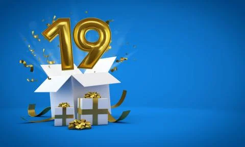 Number 19 exploding from a birthday present gift box. 3D Render イラスト素材