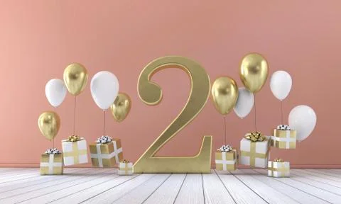 Number 2 birthday party composition with balloons and gift boxes. 3D Rendering Stock Illustration