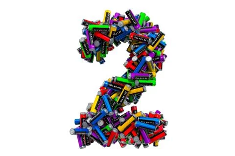 Number 2 from colored AA batteries, 3D rendering Stock Illustration