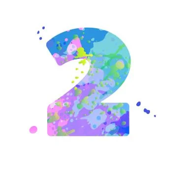 Number 2 with effect of liquid spots of paint in blue, green, pink colors Stock Illustration