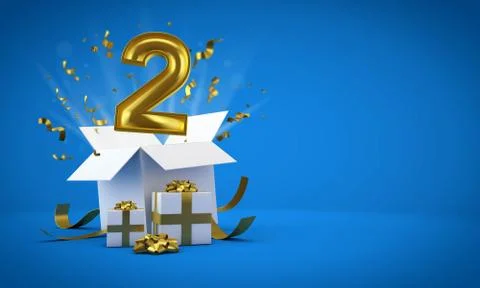 Number 2 exploding from a birthday present gift box. 3D Render Illustrazione stock