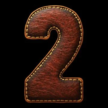 Number 2 made of leather. 3D render font with skin texture on black background. 스톡 일러스트
