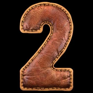 Number 2 made of leather. 3D render font with skin texture on black background. Illustrazione stock