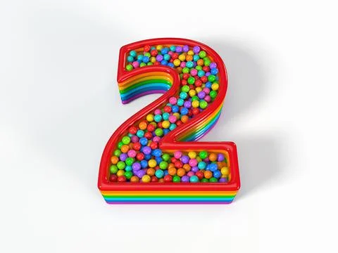 Number 2 shaped child pool filled with plastic toy balls. 3D illustration Stock Illustration