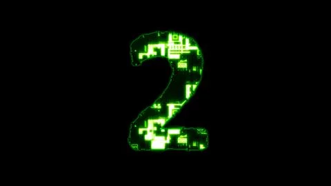 Number 2, shining high tech digital cyber punk green alphabet on black Stock Illustration
