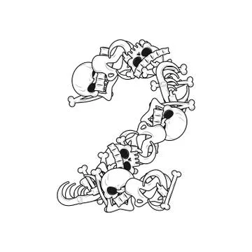 Number 2 skeleton. Bones Font two. Anatomy of an alphabet symbol. dead ABC si Stock Illustration