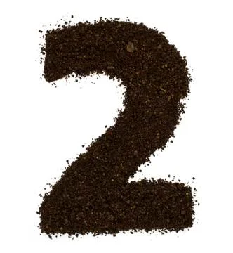 Number 2 two made of ground coarse coffee isolated on white. Flat lay, top vi Stock Photos