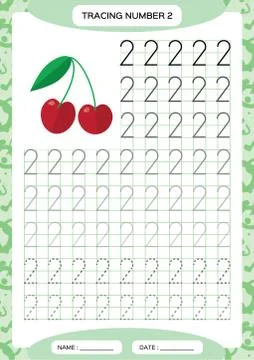 Number 2. Two Tracing Worksheet. Cherry berry. Preschool worksheet, practicing Stock Illustration