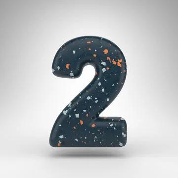 Number 2 on white background. 3D number with blue terrazzo pattern texture. Illustrazione stock