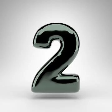 Number 2 on white background. Green chrome 3D number with glossy surface. Illustrazione stock