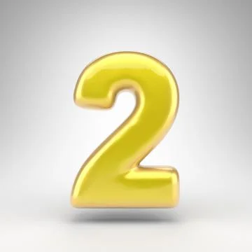 Number 2 on white background. Yellow car paint 3D number with glossy metallic Stockillustratie