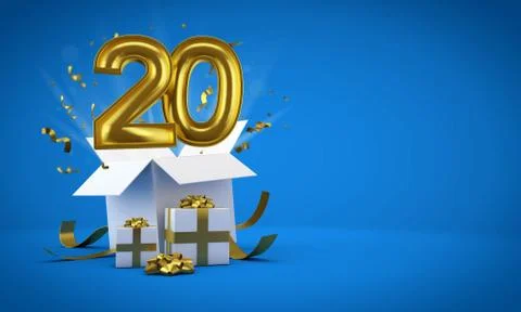 Number 20 exploding from a birthday present gift box. 3D Render Illustrazione stock