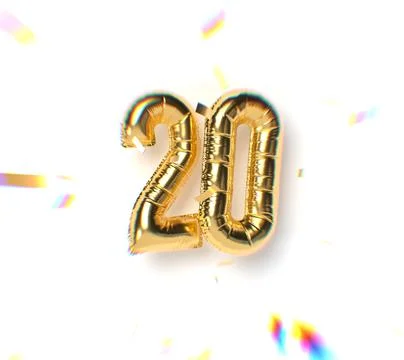 Number 20 Gold Balloon Text and Falling Soft Focus Confetti Stock Illustration