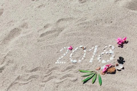 Number 2018 written with shells on the sand Stock Photos