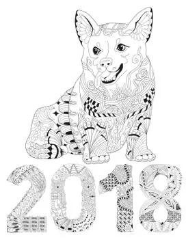 Number 2018 zentangle with dog. Vector decorative object Stock Illustration