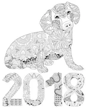 Number 2018 zentangle with dog. Vector decorative object Stock Illustration