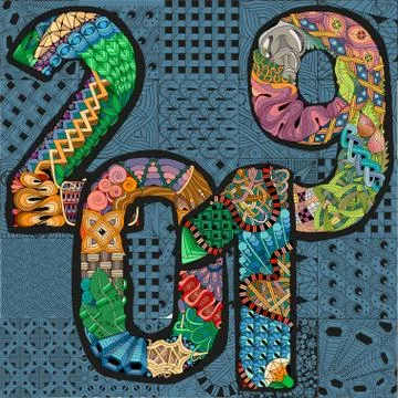 Number 2019 Zentangle. Vector object for Christmas decoration Stock Illustration