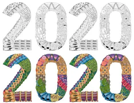 Number 2020 Zentangle. Vector decorative object. Colored and outline set Illustrazione stock