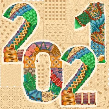 Number 2021 stylized in zentangle style. Vector decorative object Stock Illustration