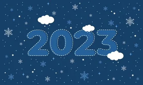 Number 2023 on a blue background with clouds, snowflakes and stars Stock Illustration