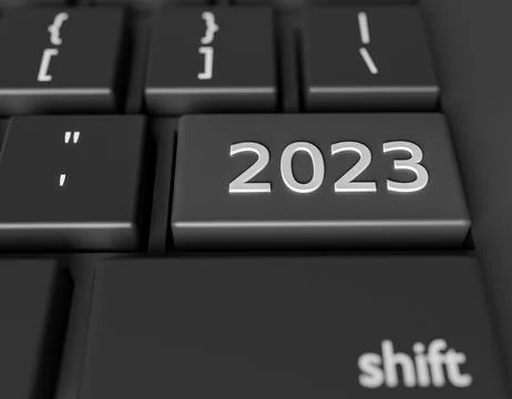 Number 2023 on a computer keyboard. New Year image on a computer key Enter Stock Illustration