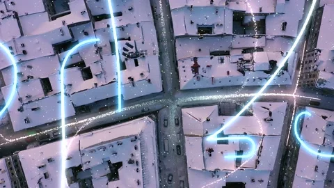Number 2023 neon light bright glowing over the city at wintertime. Aerial view Stock Footage 217692452