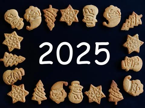 Number 2025 in frame of ginger bread cookies man snowman christmas tree star Stock Photos