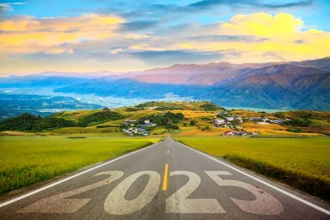 Number 2025 written on empty road. Concept of New 2024 Year. Concept of pla.. Stock Photos