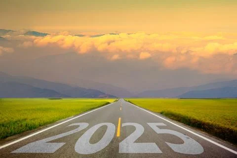 Number 2025 written on empty road. Concept of New 2024 Year. Concept of pla.. Stock Photos