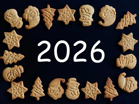 Number 2026 in frame of ginger bread cookies man snowman christmas tree star Stock Photos