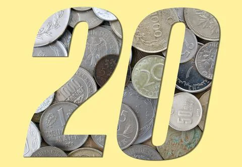 Number 20,Twenty with stack of old coins on yellow background Stock Photos