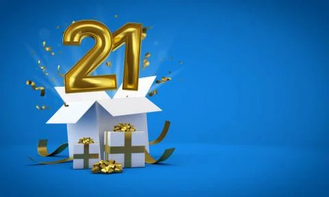 Number 21 exploding from a birthday present gift box. 3D Render Illustrazione stock