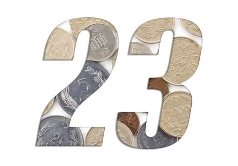 Number 23 - with stack of old Turkish coins on white background Stock Photos