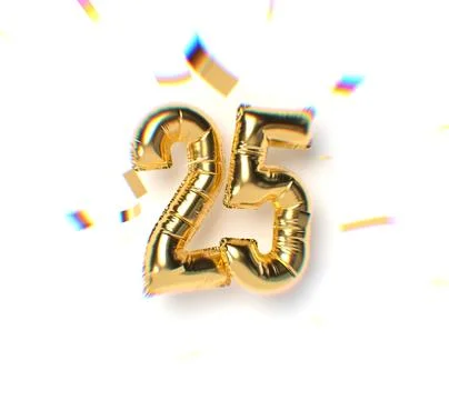 Number 25 Gold Balloon Text and Falling Soft Focus Confetti Stock Illustration