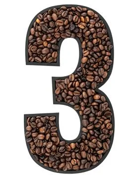 Number 3 in black frame made of roasted coffee beans on transparent background. Stock Photos