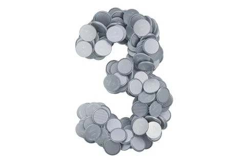 Number 3 from button cells, 3D rendering 스톡 일러스트