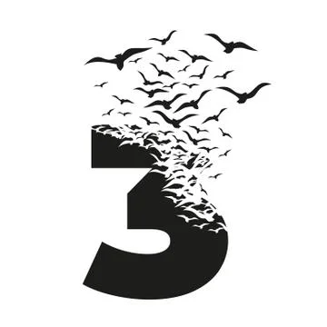 Number 3 with effect of destruction. Dispersion. Birds Stock Illustration
