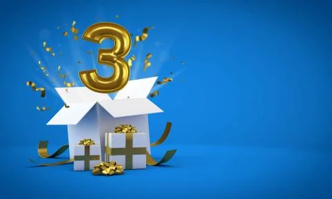Number 3 exploding from a birthday present gift box. 3D Render Illustrazione stock