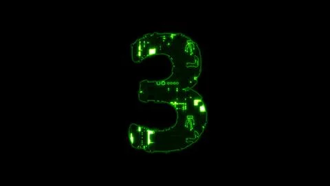 Number 3, lighting high tech digital cyber punk green font on black Stock Illustration