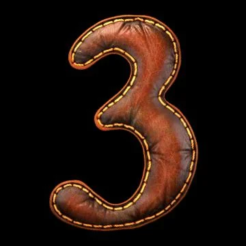Number 3 made of leather. 3D render font with skin texture isolated on black Stock Illustration